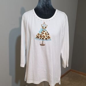 Quacker Factory White Leopard Print Graphic Rhinestone Tunic Top NWT MED‎